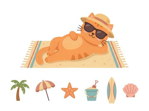 Cartoon cat wearing sunglasses and straw hat relaxing on striped beach towel. Isolated clipart with palm tree, umbrella, starfish, bucket, surfboard and shell icons for summer vacation designs.