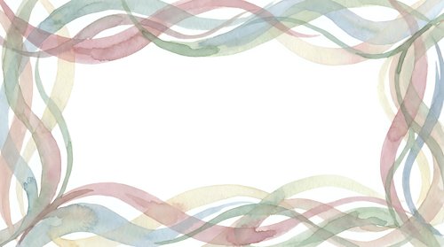 Watercolor ribbon frame with flowing pastel bands in soft pink, green and blue tones creating elegant border on white background for invitations and cards.