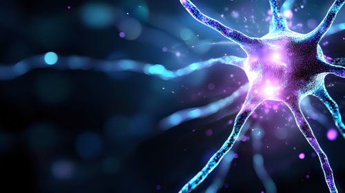 Glowing neuron cell with purple nucleus and blue dendrites on dark background with bokeh effect, scientific medical visualization for neuroscience research.