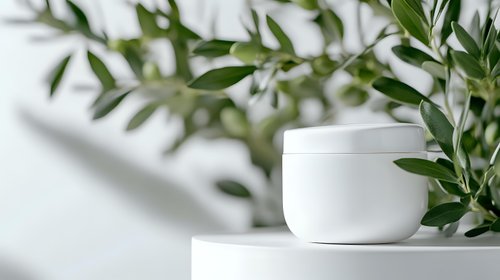 White cosmetic cream jar on marble surface with fresh green olive leaves and soft shadows, minimalist skincare product photography for beauty and wellness.