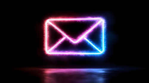 Glowing neon envelope icon with gradient pink to blue light effect floating on dark background with reflection, modern communication symbol for digital design.