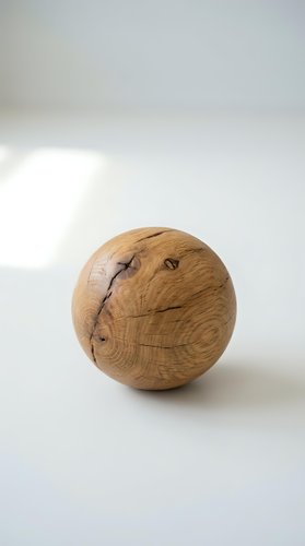 Handcrafted wooden sphere with natural grain patterns and cracks on white background for home decor and artisan craft projects.