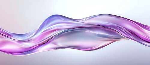 Flowing abstract purple and pink waves create dynamic motion against light background, smooth glossy curves blend with soft transparent layers.