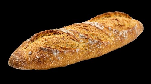 Rustic artisan baguette with golden crust, isolated on transparent background. Ready for food packaging, stickers, t-shirt design, clipart, and print on demand use.