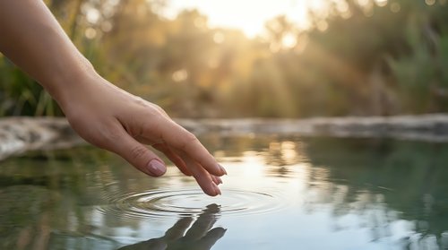Hand gently touching calm water surface creating ripples at golden sunset, nature harmony and mindfulness concept in serene outdoor setting.
