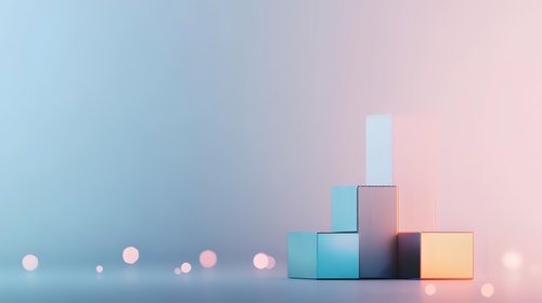 Minimalist geometric composition with pastel colored cubes arranged in ascending order against soft blue and pink gradient background with bokeh light effects.