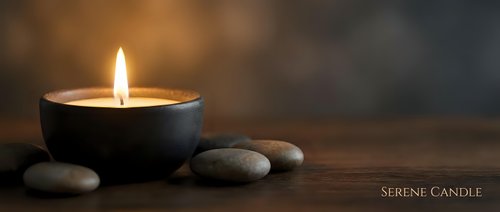 Burning candle with smooth stones on wooden surface creating peaceful spa atmosphere for relaxation and meditation wellness concepts.