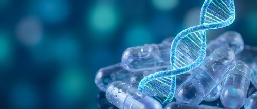 DNA double helix structure floating above molecular compounds in blue scientific laboratory environment for biotechnology research applications.