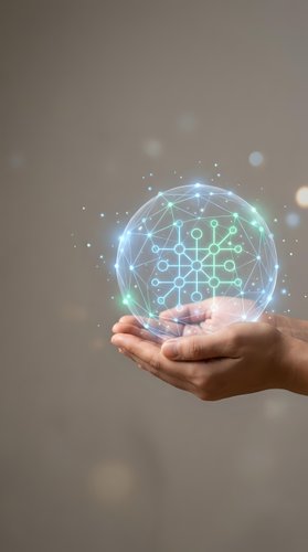 Hands holding glowing digital network sphere with connected nodes and circuits representing technology innovation and data connectivity solutions.