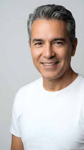 Confident middle-aged Hispanic man with gray hair smiling warmly in white t-shirt against neutral background for professional headshot and portrait use.