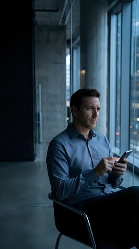 Thoughtful businessman using smartphone in modern office during evening hours. Professional male executive checking messages by window in corporate workspace.