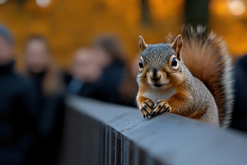 Curious red squirrel perched on railing against blurred autumn background, looking directly at camera with alert expression and fluffy tail raised.