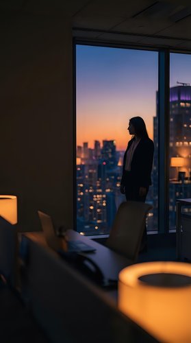 Woman in business attire standing by high-rise window at sunset, silhouetted against illuminated cityscape. Corporate office setting with urban skyline view for business, leadership, ambition themes.