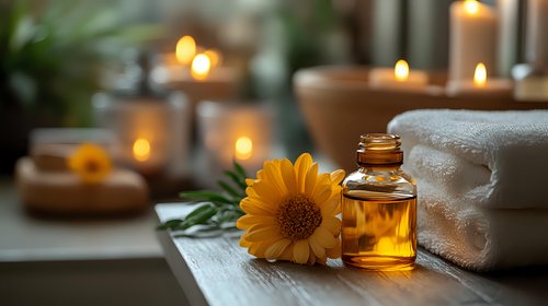 Spa wellness setting with essential oil, sunflower, white towels and glowing candles creating peaceful atmosphere for aromatherapy and relaxation.