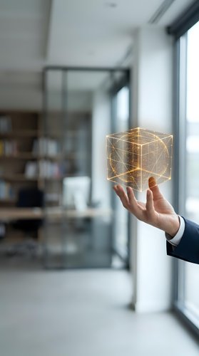 Businessman hand holding glowing geometric cube hologram in modern office space representing digital transformation and innovative technology solutions.