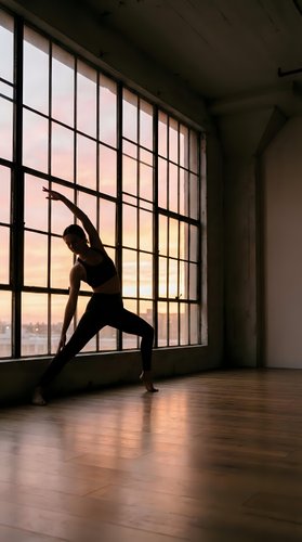 Young woman practicing yoga warrior pose in industrial loft studio with large windows during golden hour sunset creating dramatic silhouette and warm lighting atmosphere.