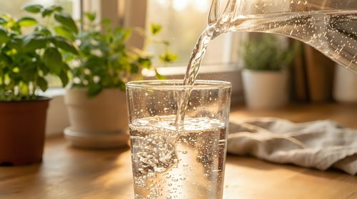Water pouring into glass with bubbles and splashes on wooden table with potted plants in background, hydration and wellness concept.