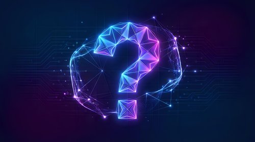 Glowing neon question mark inside digital brain outline with network connections on dark blue purple gradient background for AI technology concepts.