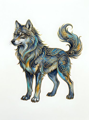 Ornamental wolf with decorative blue and gold swirling patterns isolated on white background, ready for design projects, apparel printing, and clipart applications.