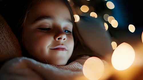 Young girl with gentle smile resting in cozy atmosphere with soft bokeh lights creating magical evening mood, close up portrait in warm golden illumination.