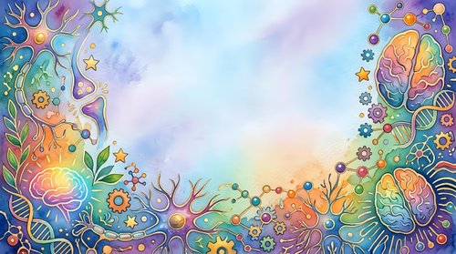 Colorful abstract brain and nature illustration with vibrant watercolor florals, botanical elements, and decorative patterns creating a whimsical border frame design.