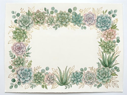 Watercolor succulent frame border with green and purple plants, eucalyptus leaves on cream background for wedding invitations and botanical designs.