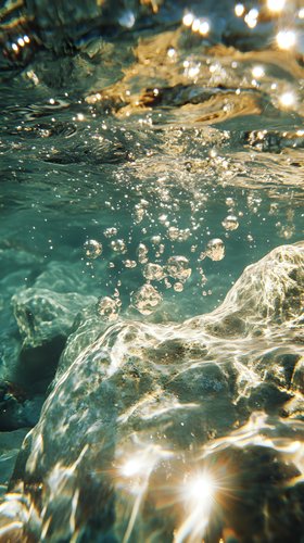 Underwater view of crystal clear turquoise water with sunlight creating sparkles and bubbles, dynamic wave motion and natural light effects in ocean depths.