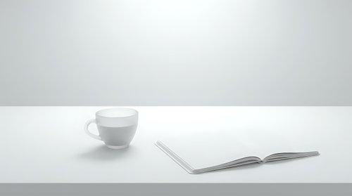 Minimalist workspace with white coffee cup and open notebook on clean desk surface, suitable for business and lifestyle design projects.