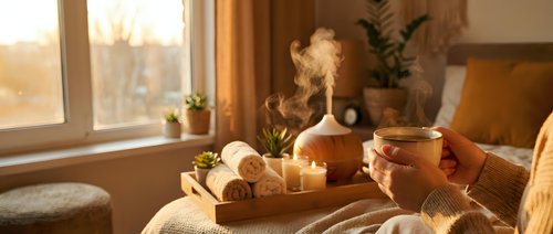 Young woman with light skin tone enjoying a relaxing spa and wellness session at home, surrounded by candles, essential oils, and natural plants for self-care and meditation.