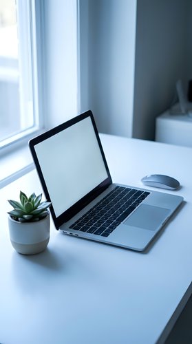 Modern laptop computer with blank screen on white desk next to small succulent plant in minimalist home office workspace with natural window light.