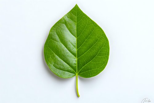 Fresh green heart-shaped leaf with visible veins and texture isolated on white background, suitable for nature-themed designs and environmental concepts.