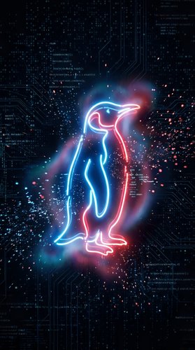 Glowing neon penguin silhouette with blue and pink lights on dark digital circuit board background for technology and wildlife fusion concepts.