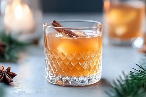 Festive winter cocktail with cinnamon stick and star anise garnish in crystal glass, pine branches and candle light creating cozy holiday atmosphere.