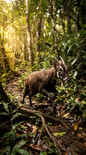 Wild boar running through dense tropical rainforest with sunlight filtering through canopy creating dramatic lighting and motion blur effect.
