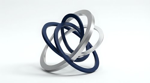 Modern abstract sculpture with intertwined metallic rings in navy blue and silver creating dynamic geometric form on white background for contemporary design.