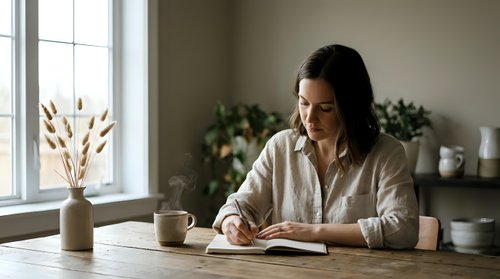 Middle-aged woman reading book at home with coffee cup on wooden table near window. Cozy morning routine lifestyle concept for relaxation and learning.