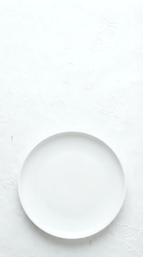 Empty white ceramic plate on textured white surface, overhead view. Suitable for food styling, restaurant menus, culinary blogs, and dining concepts.