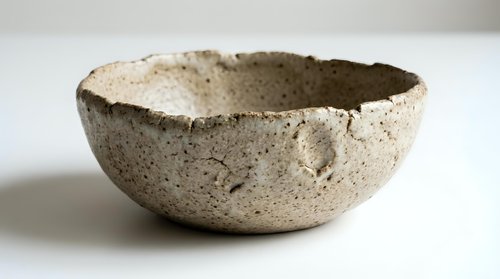 Rustic handmade ceramic bowl with rough textured surface isolated on white background, showcasing artisan craftsmanship and natural earthy tones.