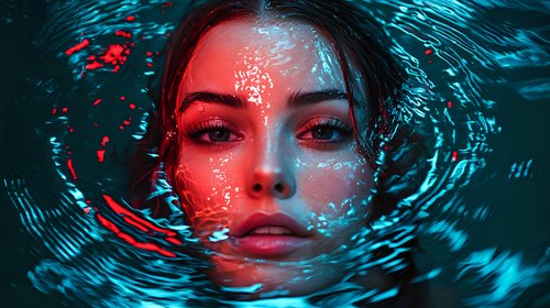 Young woman submerged in dark water with dramatic red and blue lighting creating mysterious atmosphere. Face partially underwater with intense gaze and artistic water ripples.