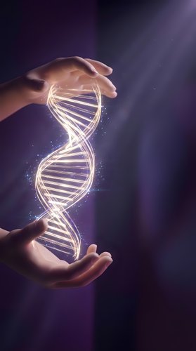 Hands holding glowing DNA helix with luminous particles against purple background, representing genetic research, biotechnology, and scientific innovation for medical and educational use.