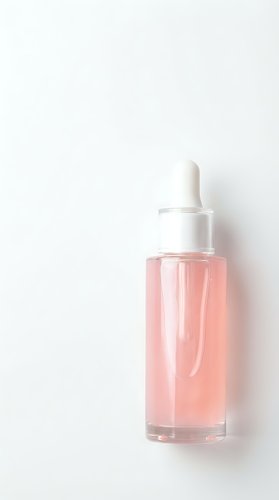 Pink serum dropper bottle with white cap on clean background for skincare and beauty product marketing.