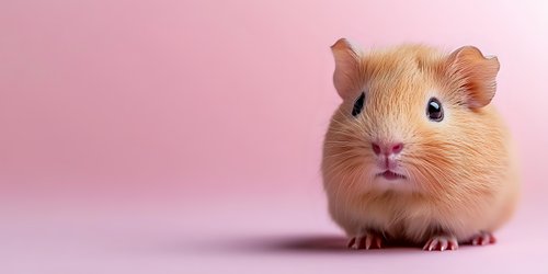 Adorable golden hamster with pink nose and curious expression on soft pink gradient background, close up portrait of small pet rodent for veterinary or pet care design.