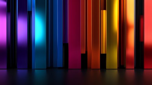 Vibrant multicolored vertical light bars create dramatic abstract background with purple, blue, orange, yellow and red glowing stripes on dark surface.
