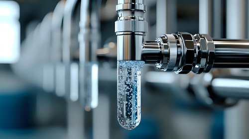 Transparent test tube with bubbling liquid attached to metal laboratory equipment. Close-up view of scientific research experiment in modern lab setting.