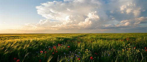 Vast green meadow with wildflowers under dramatic cloudy sky at golden hour. Rural countryside landscape for nature and agriculture concepts.