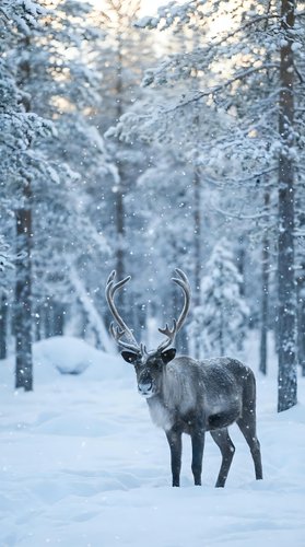 Majestic reindeer standing in snowy winter forest with falling snowflakes and frost-covered evergreen trees creating magical arctic wilderness atmosphere.