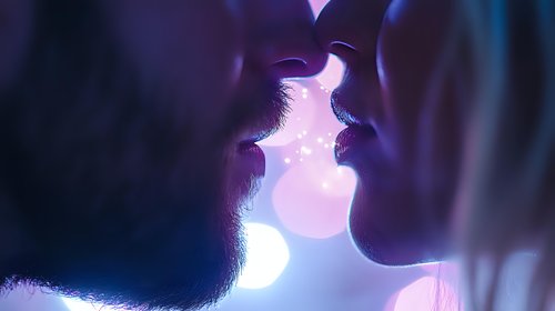 Silhouette of romantic couple about to kiss against dreamy purple night sky with glowing moon and stars, creating intimate atmospheric moment.