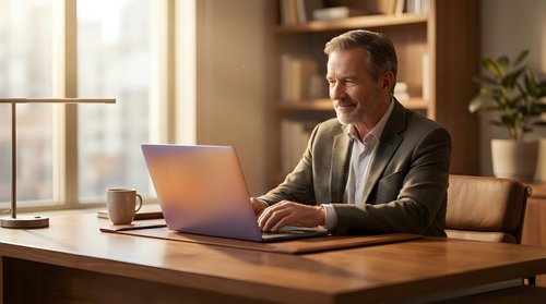 Middle-aged Caucasian male professional working on laptop at wooden desk in modern office environment with warm lighting and shelving.