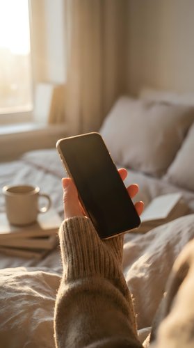 Woman holding smartphone with blank screen in cozy sunlit bedroom, warm morning atmosphere with coffee cup and books in background.