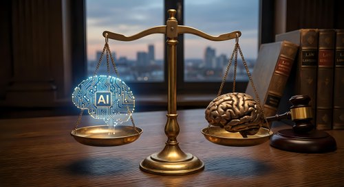 Golden scales of justice balancing glowing AI brain and human brain in law office with city skyline background for legal technology concepts.
